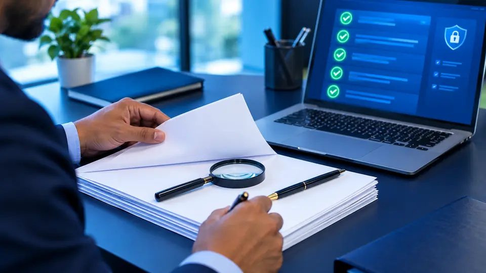 Verification officer checking candidate documents for employee background verification
